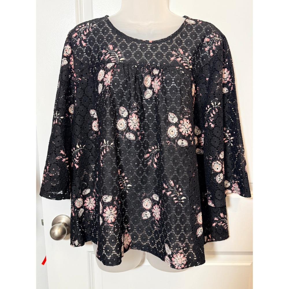 LOFT‎ Womens Large Black Pink Floral Lace Eyelet 3/4 Sleeve Keyhole Blouse Top